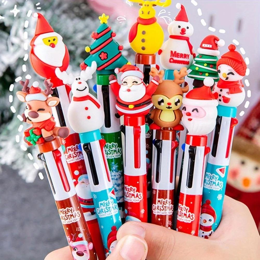 Random 5pcs Cartoon Christmas Pens 4in1 Retractable Colored Ballpoint Pen Xmas Gel Pen for Party Gifts School Office Supply