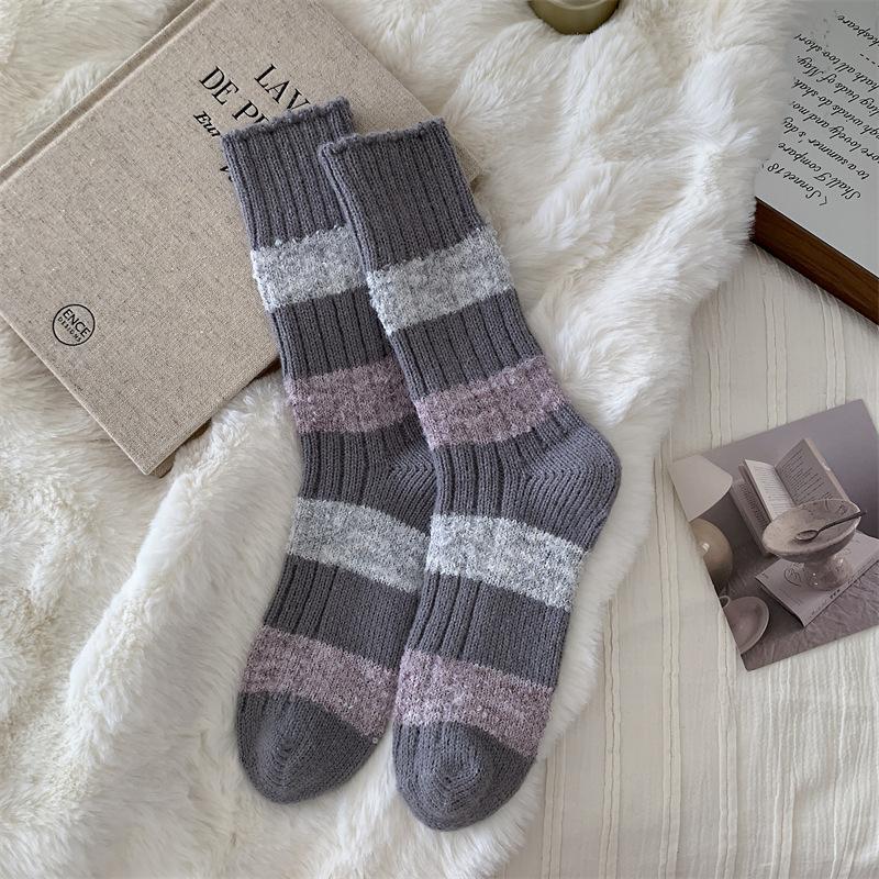 Women's Autumn and Winter Thickened Warm Contrast Color Striped Wool Long Stack Socks