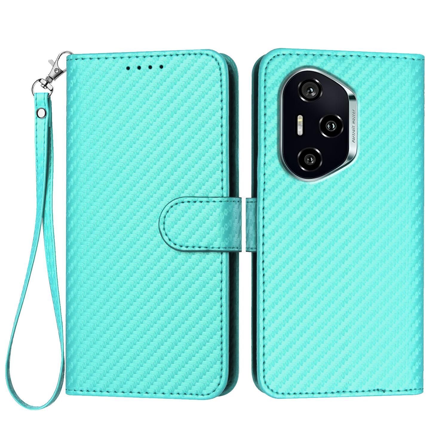 

For Honor 400 Wallet Case with Strap Carbon Fiber Texture Leather Mobile Cover Light Blue