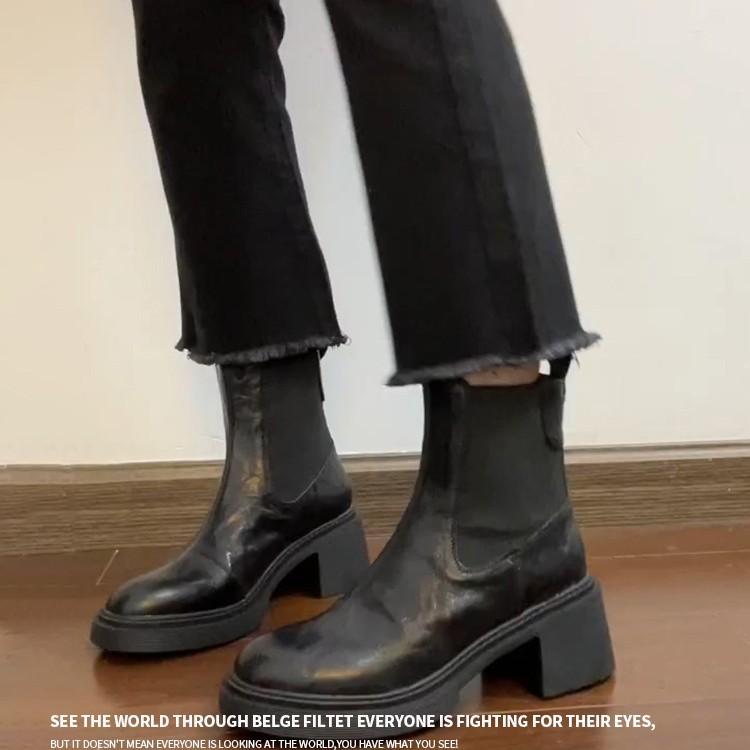 Washed Cowhide~ Elastic Skinny Boots Platform Chelsea Boots British High Heel Martin Boots Thick Heel Short Boots Women