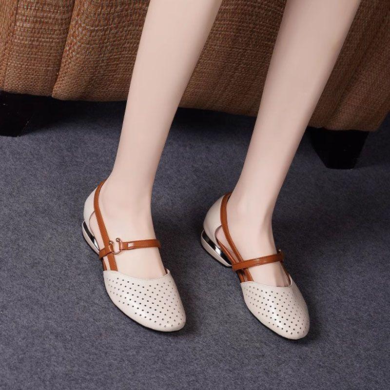 Broken size leather hollow bag head sandals women's summer soft leather soft sole round head mother low heel women's single shoes