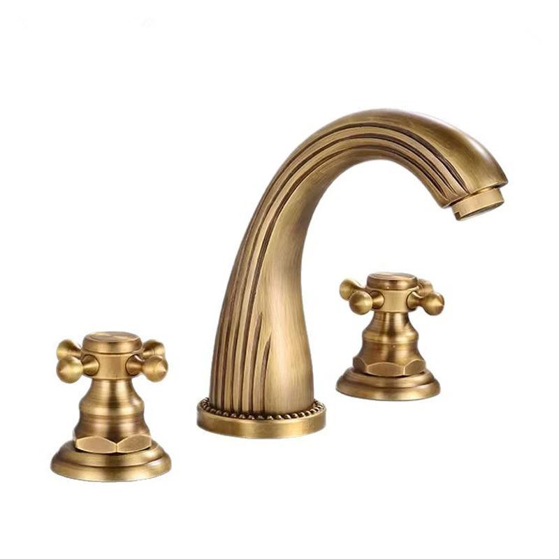 Tuqiu Gold Bathroom Faucet Widespread Sink Tap Brass Antique Basin Faucet Black Lavotory Faucet 3 Hole Hot & Cold Water Tap