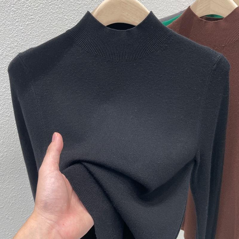Women Autumn Winter Round Neck Knit Sweater Fashion Elegant Loose Tops Long Sleeve Solid Color Simple Bottom Pullover Sweatersbasic Clothing