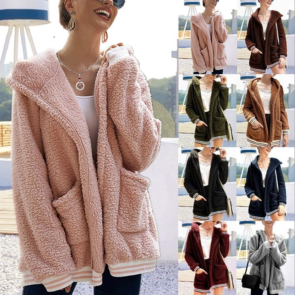Women's  And Winter Loose Solid Color Stitching Long-Sleeved Pockets Plush Hooded Cardigan Coat