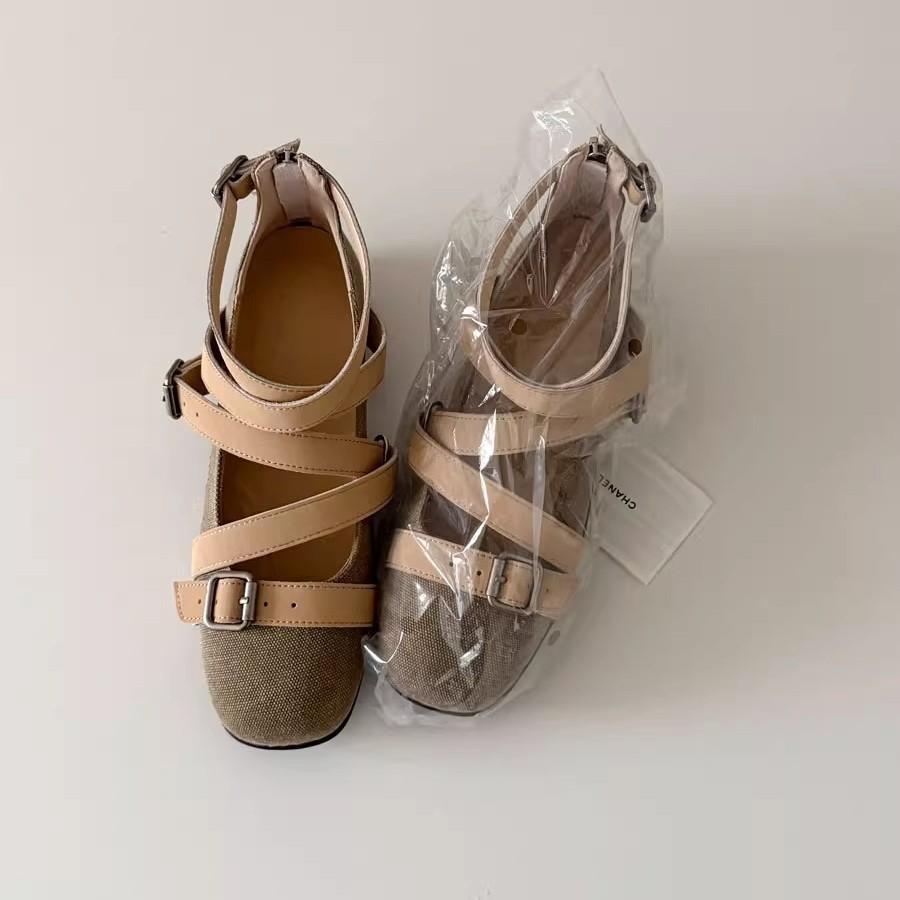 Soft leather version~ retro square head niche cross one-word buckle sports bottom ballet shoes women's versatile light mouth single shoes
