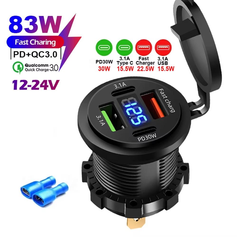 83W Car Charger Socket PD30W Fast Charging Dual USB+Type C Outlet Phone Power Adapter with Voltmeter for Motorcycle Truck Boat