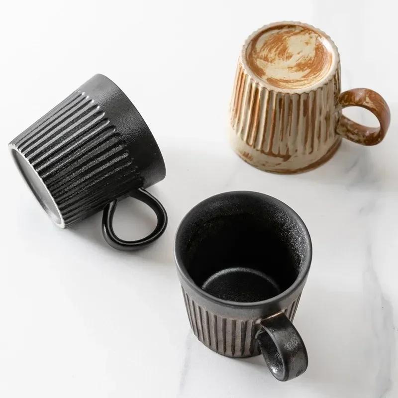 Creative 170ml Retro Ceramic Coffee Cup with Handle Striped Heat-resistant Breakfast Milk Oatmeal Mug Couple Cups Gift Mug