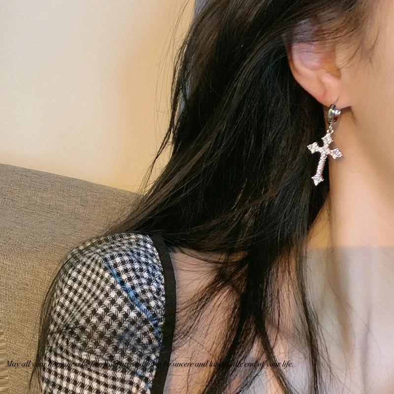New Rhinestone Zircon Cross Pendant Earrings For Women Korean Fashion Drop Hoop Earrings Birthday Party Zircon Gifts