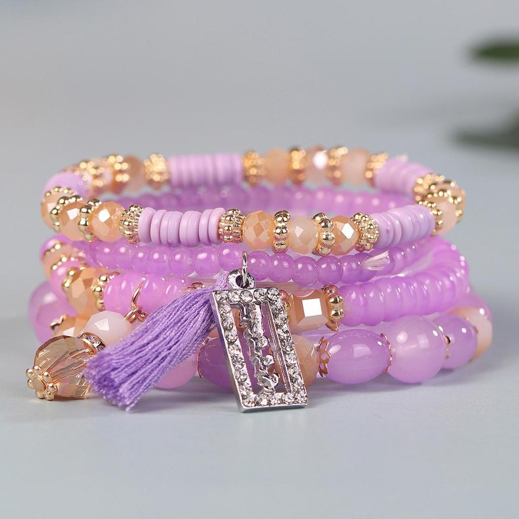 Bohemian Beaded Bracelet Set with Rectangular Tassel Pendant