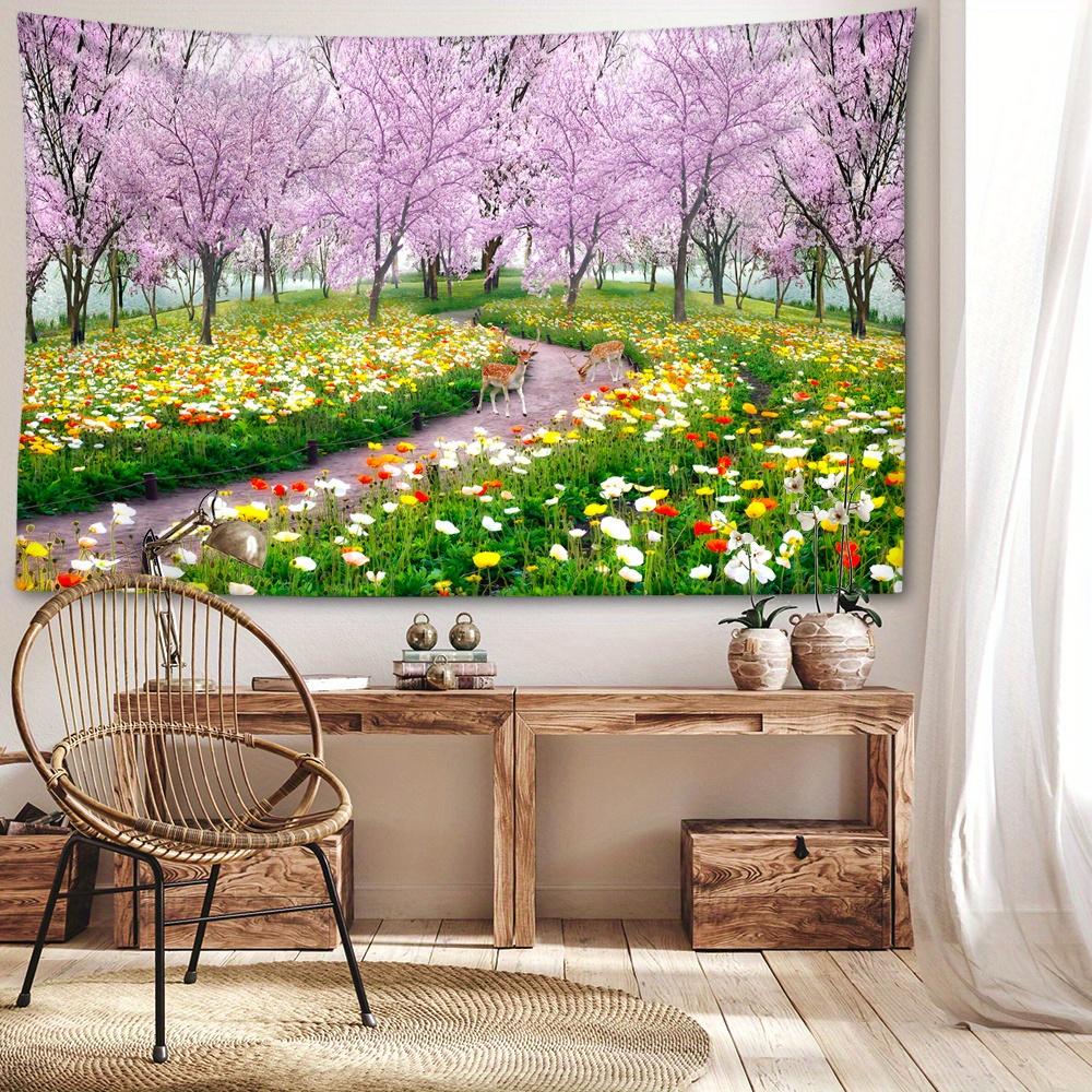 1pc Green Grassland Cherry Blossom Tree Tapestry Wall Hanging, Room Decor, Bedroom Decor, Living Room Background, Natural Style Backdrop Cloth, Tapest