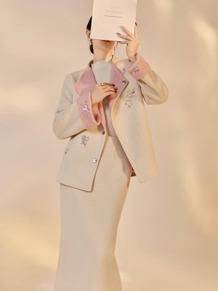 New Chinese Embroidered Wool Coat & Skirt Set - Women's NY027