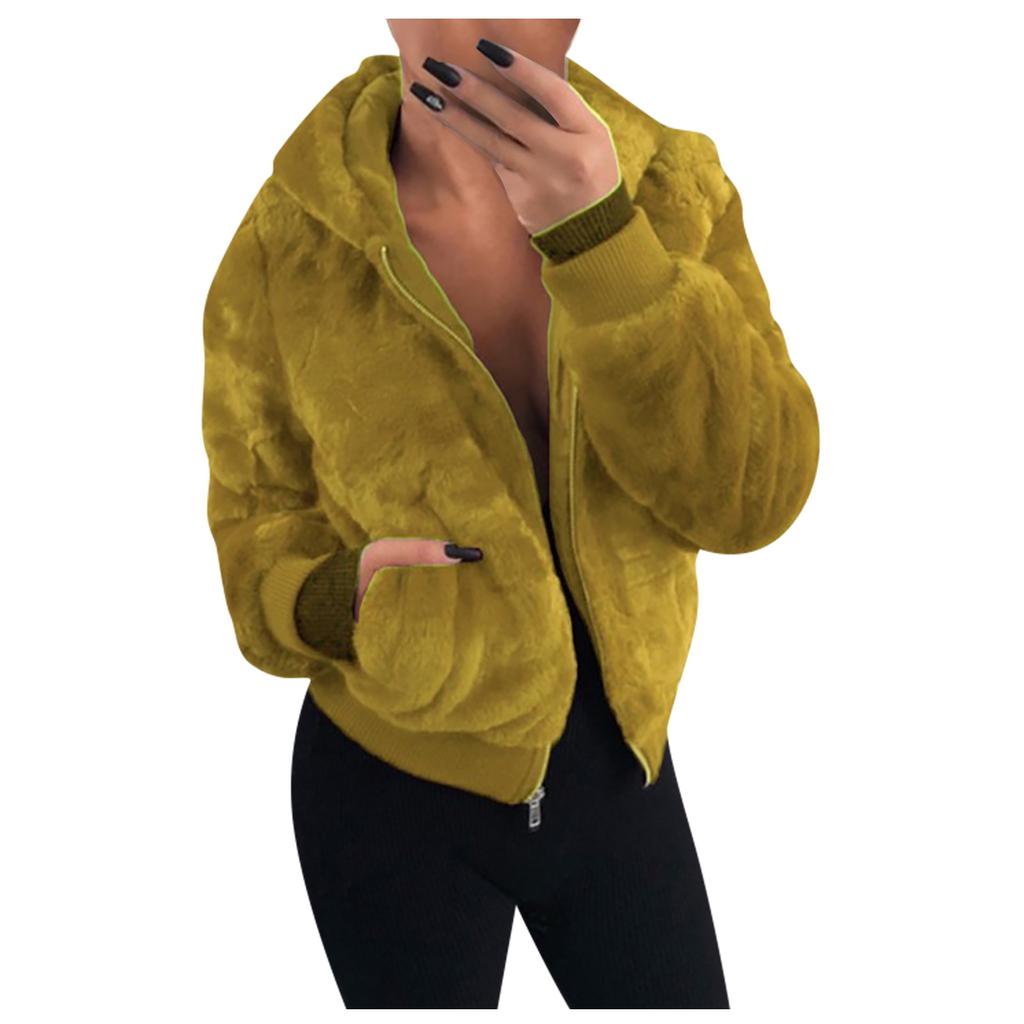 Dammode Casual Huva Dragkedja Fickor Enfärgad Långärmad Plyschkappa
