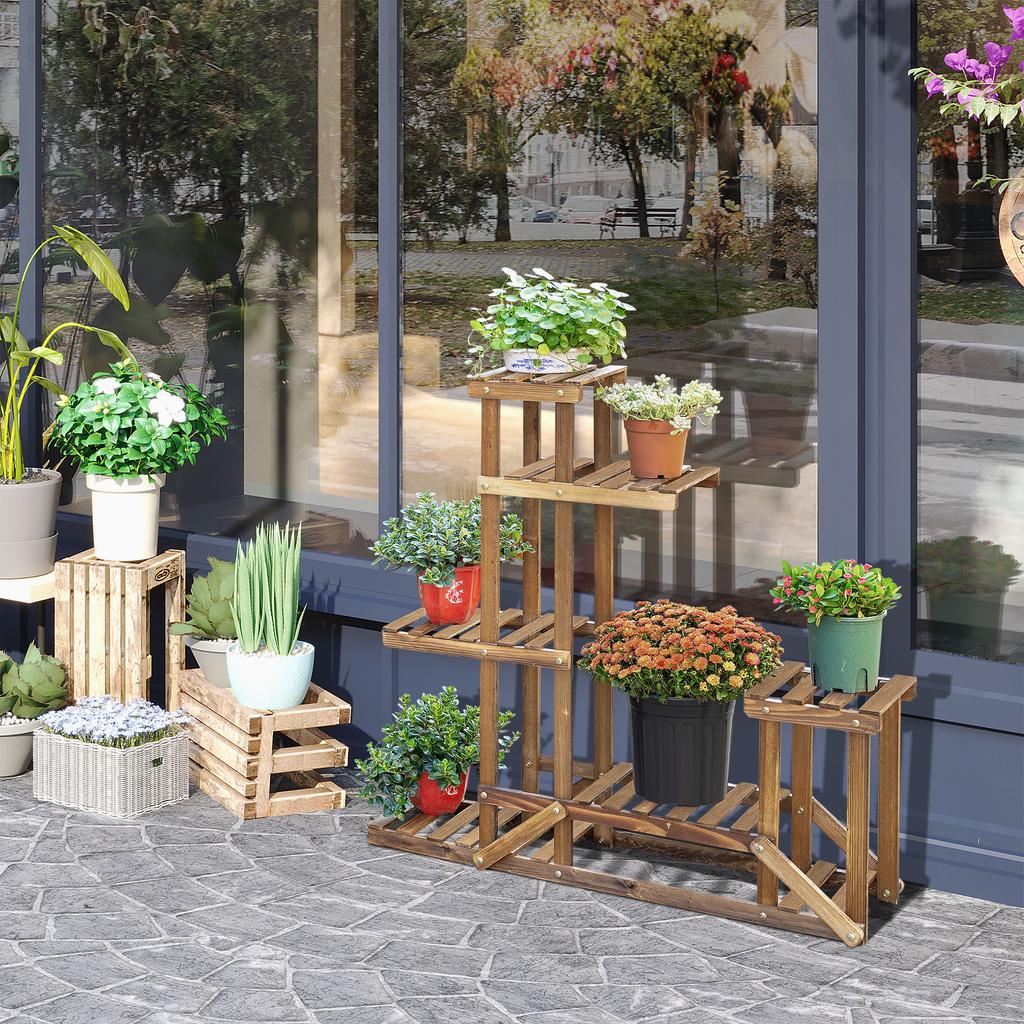 Flower Stand Plant Shelf 6 Tiers Four-Tier Flower Shelf Flower Staircase Flower Ladder Solid Wood Carbonized 98 x 28 x 96.5 cm