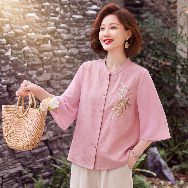 Qianlian Mid-Aged Women s Gauze Sleeve Summer T-Shirt 3XL розовый