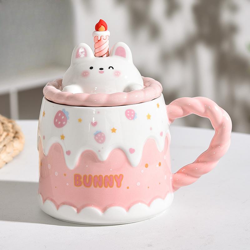 

Кружка в подарок на день рождения Креативная чашка в форме животного с крышкой Чашка для свечи/торта с ложкой для смешивания Керамическая чашка для пары 450ml