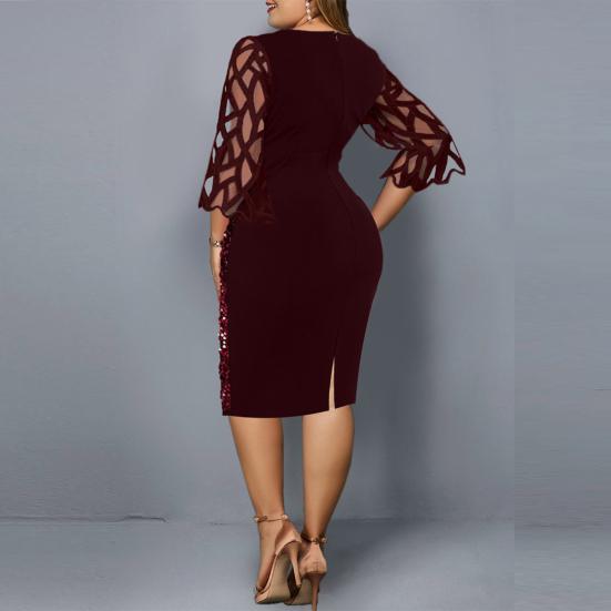 Damen O-Ausschnitt, 3/4-Ärmel, transparentes Patchwork, glänzende Pailletten, figurbetontes, knielanges Kleid