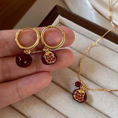 2025 New Trendy Red Pomegranate Pendant Necklace for Women Sweet Cute Fruit Clavicle Chain Charm Earrings Choker Zircon Gift