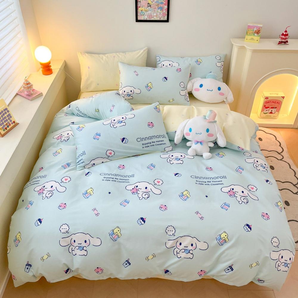 Cartoon Sanrio Kuromi Cinnamoroll Korean Version Sweet Lace Style Pure Cotton Bed Sheet Quilt Cover King Queen Three-Piece Set