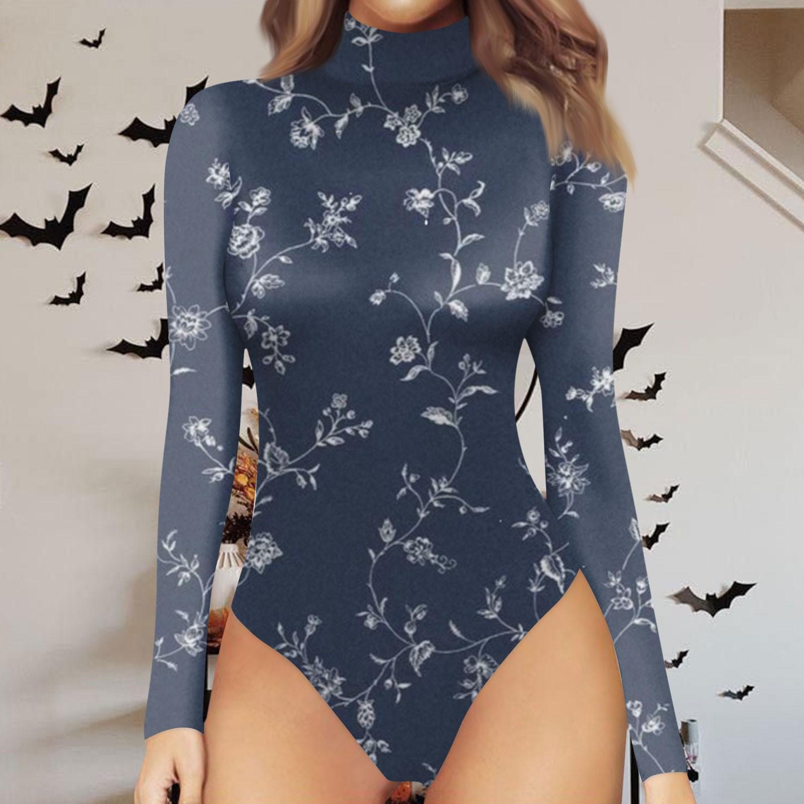 

Женская осенне-зимняя цельная футболка с длинным рукавом и полувысоким воротом, боди с винтажным принтом XL тёмно-синий