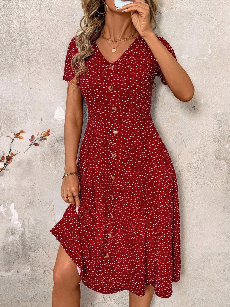 Summer new fashion polka dot women's dress sexy V-neck breasted short-sleeved floral dress