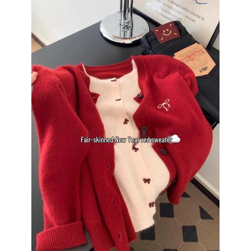 

Женский красный вязаный кардиган с вышивкой в виде ретро-банта S (75-95 jin) красный