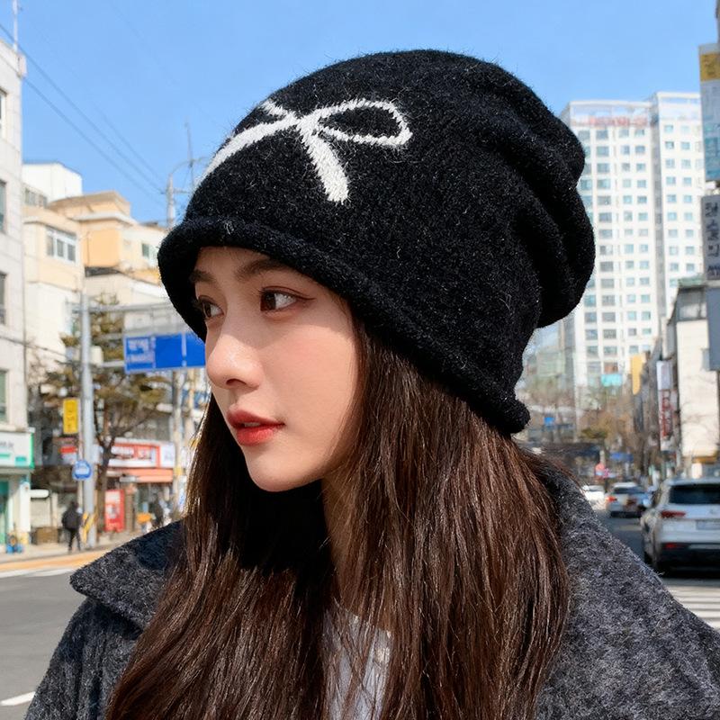 Autumn and Winter Retro Hats for Women Bow Knot Caps Big Head Circumference Face Showing Small Pile Hats Knitted Warm and Cold Hats