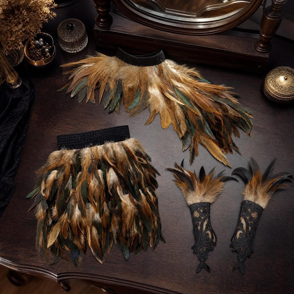Layered Feather Costume Ensemble with Elastic Waist Skirt Feathered for Halloween Costumes,