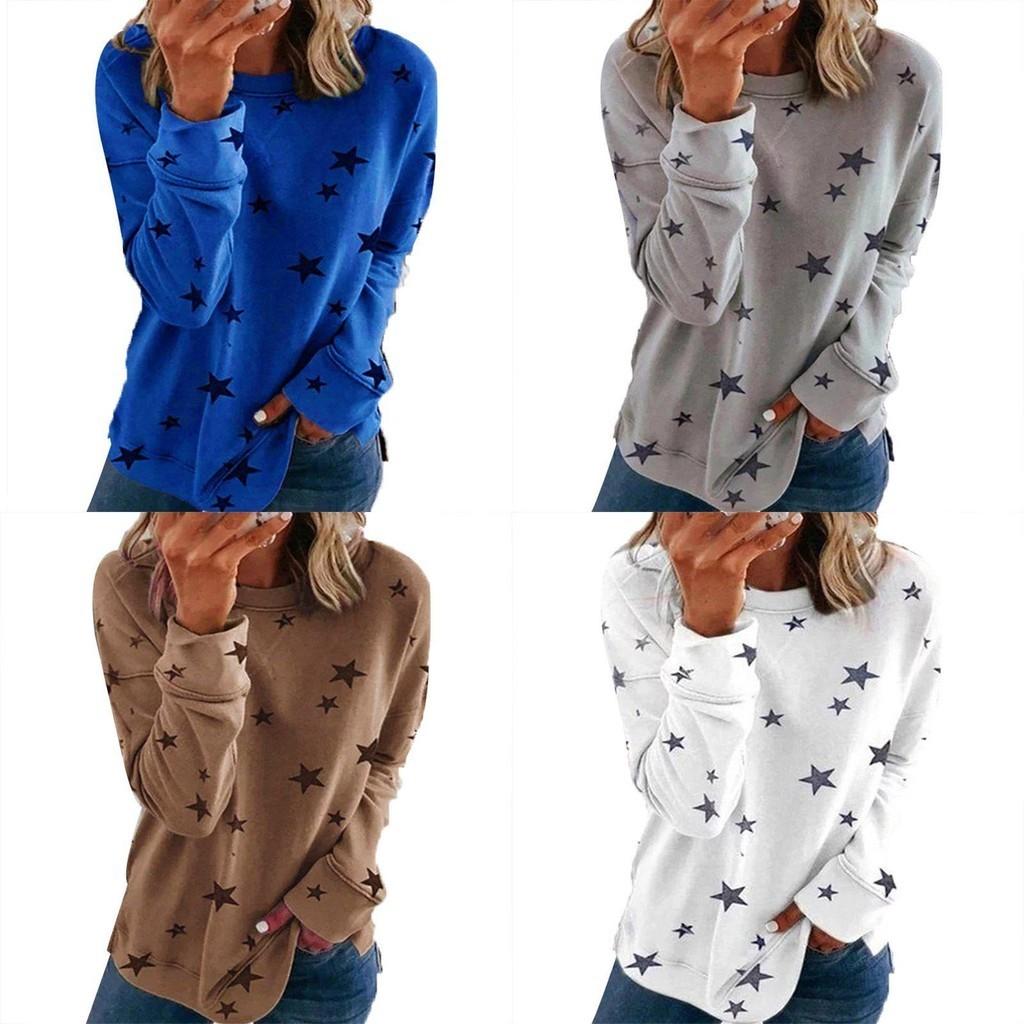 Women Casual Tunic Crew Neck Long Sleeve Star Print Tee Top Blouse For Daily Comfort And Style