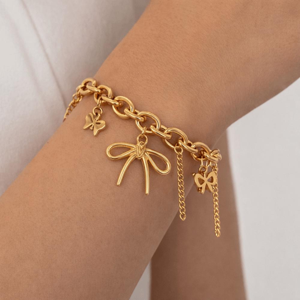 Bow Hollow Bracelet Love Heart Charm Bangle Elegant Gold Plated Bracelet  Party