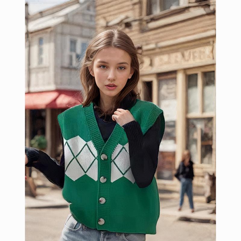 European & American V-Neck Color Block Sleeveless Vest for Autumn/Winter