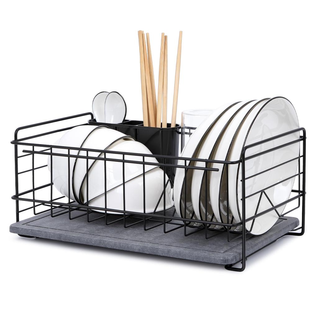 Earth Tray x Super Fast Water TITIROBA Dish Drainer Basket with Diatomaceous Earth Tray Slim Dishware Kitchen Dish Drainer Rack Space Saving Single