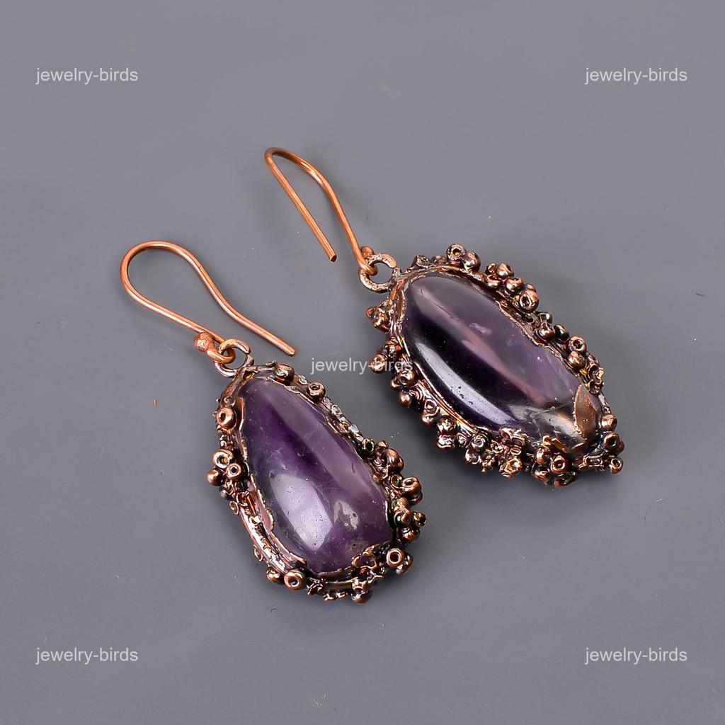 Amethyst Stone Hook Boho Drop Dangle Mothers day Electroformed Earrings Copper V-111