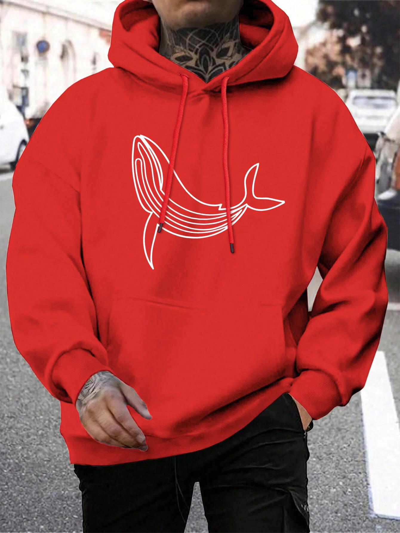 Whale Sketches Composed Of Lines Design Hoodies Male Soft Pocket Pullovers Fleece Retro Hoody Autumn Warm Mens Long Sleeve S