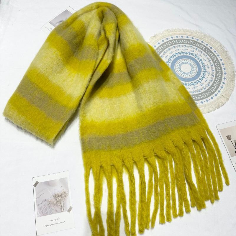 Gradient Color Stripes Autumn and Winter Korean Style Thickened Warm Off White Scarf Women's Simple Tassel Scarf Shawl