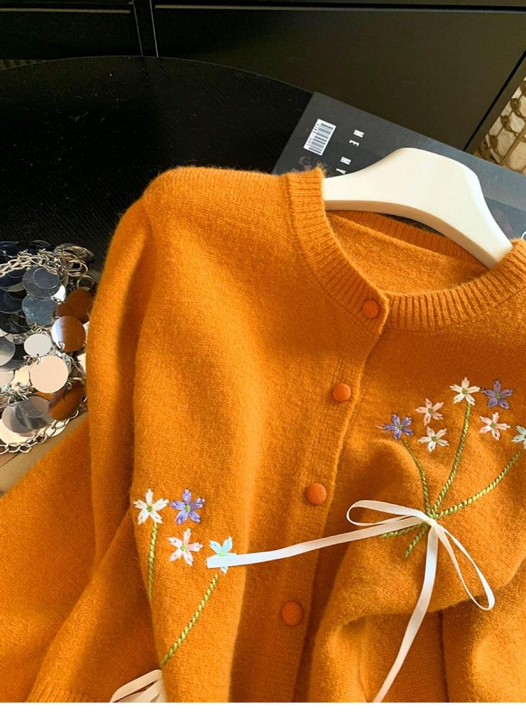 Women's Blue Floral Knit Cardigan - Round Neck, Bow Tie, Lace-Up Details, Elegant Early Autumn Style