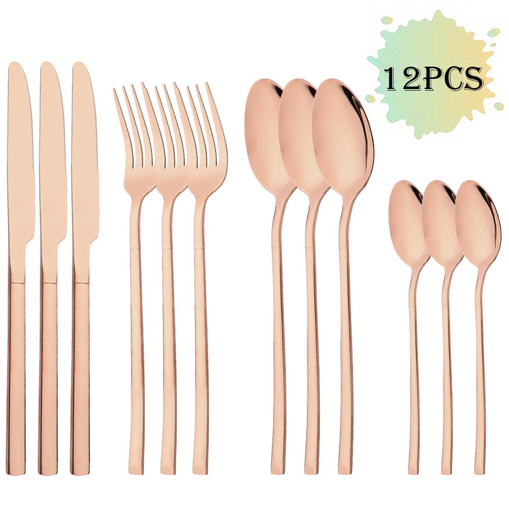 12Pcs Western Gold Dinnerware Stainless Steel Cutlery Set Knife Fork Tea Spoon Dinner Flatware Set Kitchen Silverware Tableware