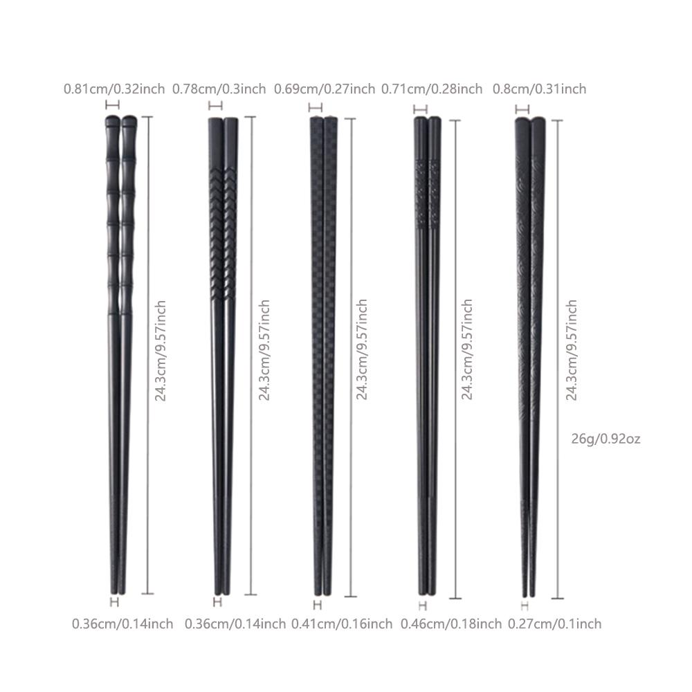 5 Pairs Premium Black Chopsticks Reusable for Sushi Japanese Anti-slip Chop Sticks Lightweight Dishwasher Safe, 9.57 Inches