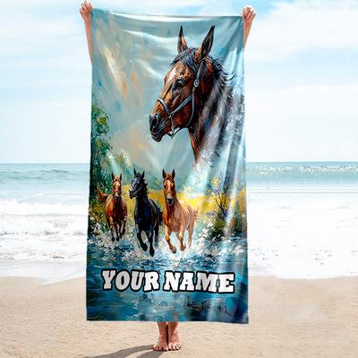 1PC Custom Name Horse Family Free Beach Towel Highly Absorbent And Sand-Resistant Towel for Swimming, Pool, Yoga, And Travel Lightweight