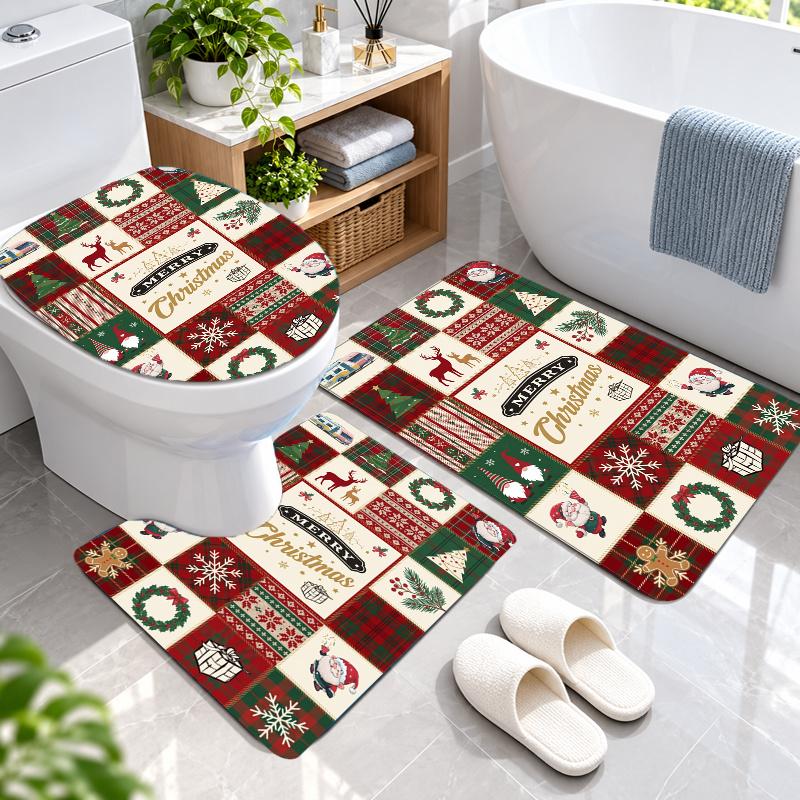 3Pcs Flannel Toilet Mat Set Christmas Bathroom Rug Bath Carpet Non Slip Home Decor