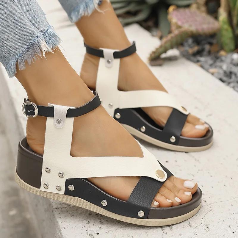 

Fashion Patchwork Patent Leather Sandals for Women Rivet Decor High Heel Open Toe Sandal Woman New Anti-Slip Thick Sole Sandalias Mujer 43