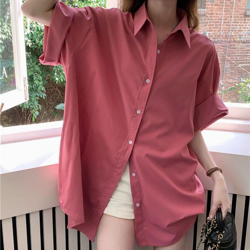 

Однотонна жіноча сорочка з короткими рукавами Літня вільна нова жіноча блузка в стилі преппі Корейський шик Гонконг Універсальні блузи onesize