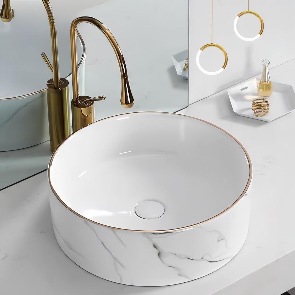 Marble patterned modern circular ceramic bathroom sink, freestanding washbasin, luxurious gold edged washbasin(excluding faucet)