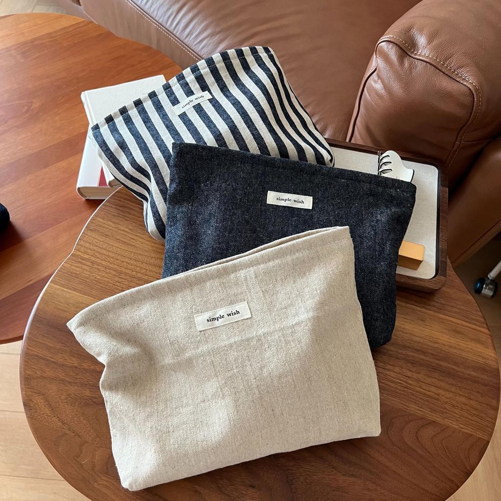 Polka Dot Striped Solid Color Denim Canvas Cosmetic Bag Female Clutch Literary Retro Large Capacity