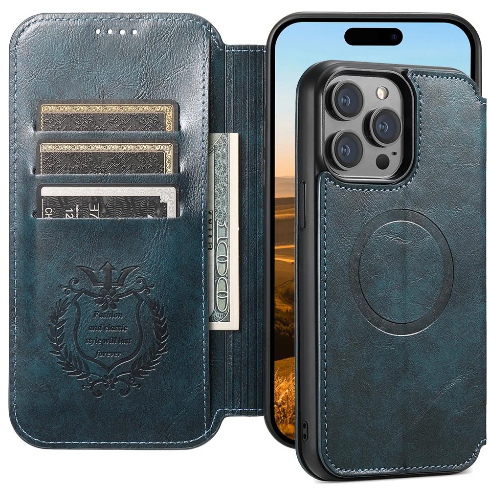 Wireless Charging Leather Wallet Cards Solt Case for IPhone 14 Pro Max 14Plus 15 13 12 for Magsafe Kickstand Magnetic Bag Cover