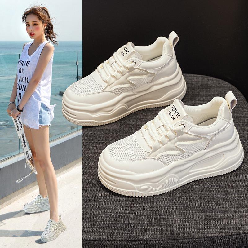 Inner Height Increase Casual Board Shoes Women's Summer New Leather Breathable Mesh White Shoes 7 Thick-soled Single Shoes