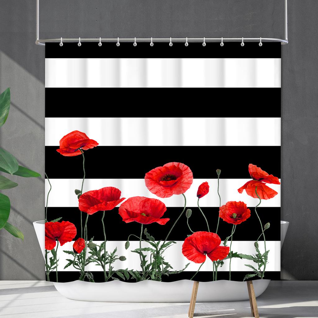 Shower Curtain Waterproof and Mildew-proof Digital Printing Horizontal Strip Plant Flower Printing Shower Curtain Partition Curtain Free Punching