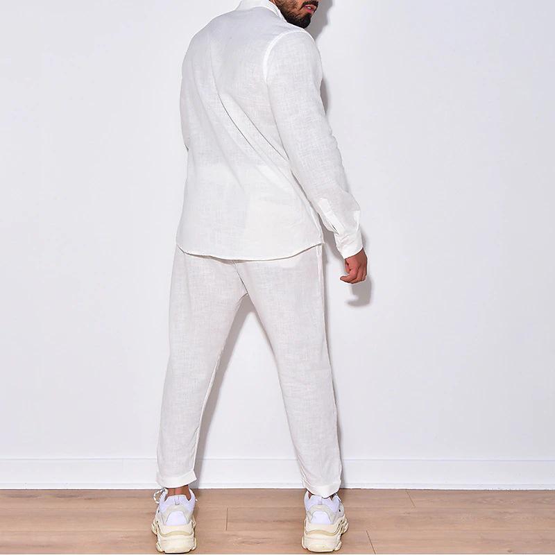 Men's Long Sleeve Linen Shirt Two-Piece Set: Summer Beachwear - Available In Black, White, Beige Solid Colors.