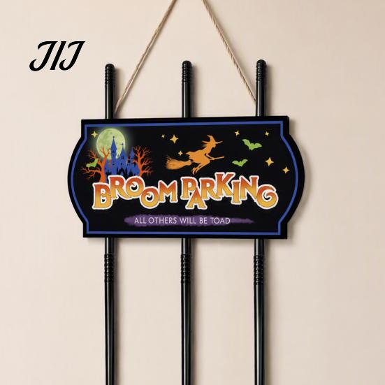 Reusable Farmhouse Entrance Signs Halloween Broom Parking Sign with 3 Witch Brooms, Hocus Pocus Themed Wooden Sign, Lightweight Seasonal Hanging Props