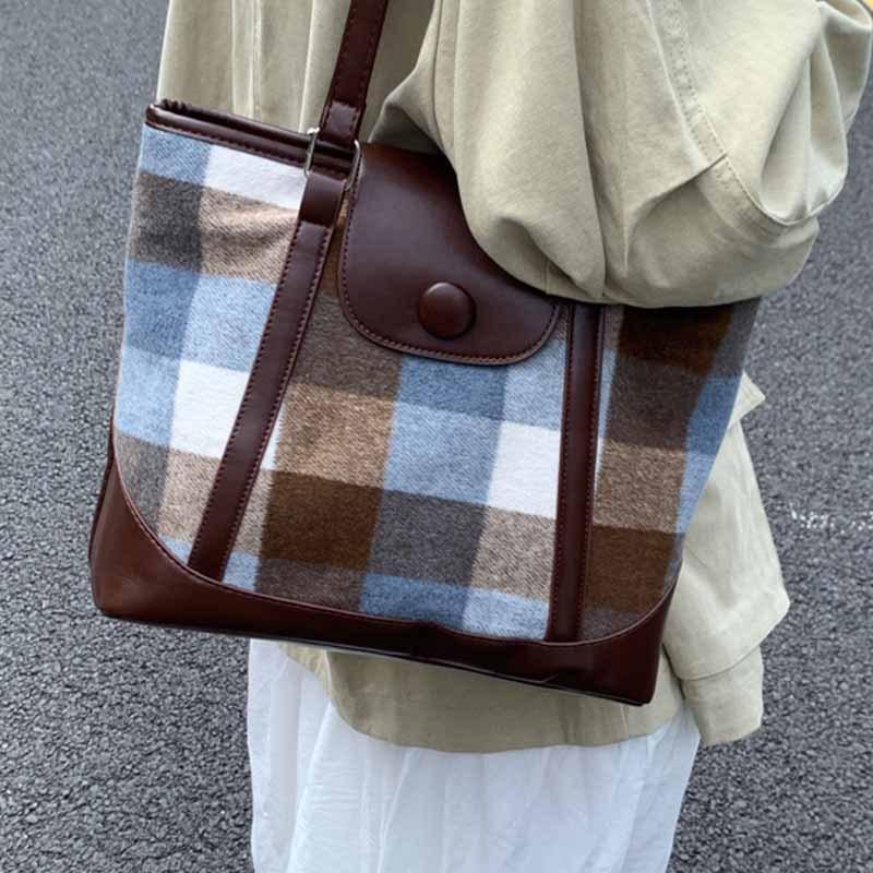 Tweed plaid tote bag large capacity 2025 winter new trend contrast retro shoulder crossbody backpack
