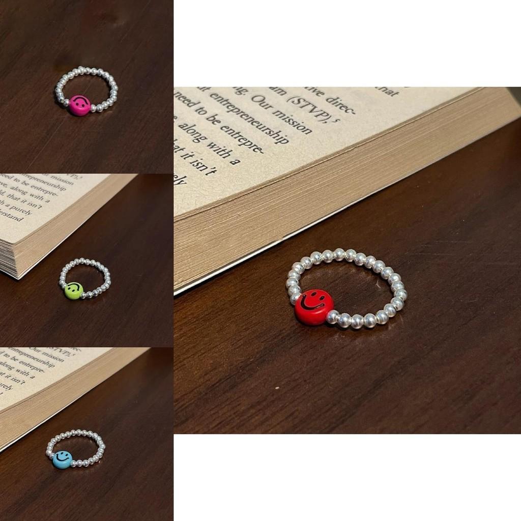 Trendy Korean Colorful Smiley Face Silver Bead Ring For Women Fashion Jewelry